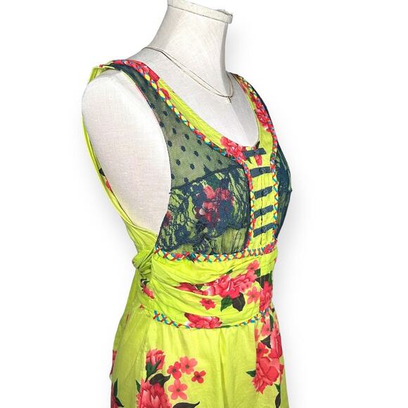 FREE PEOPLE Lace Trim Dainty Top Floral Green Chinese Cheongsam Qipao Inspired - Picture 2 of 9